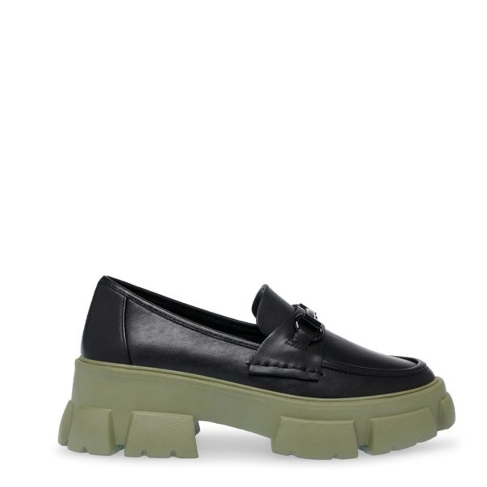 Steve Madden Black Leather Loafers with Olive Sole